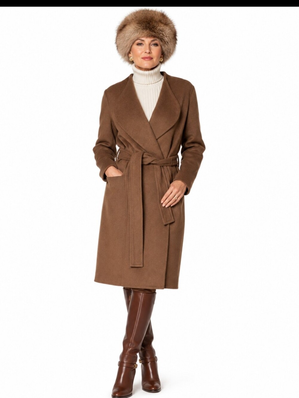 Ann Taylor Brown Wool-Blend Long Coat Wrap Belted Warm Quiet Luxury Sz L